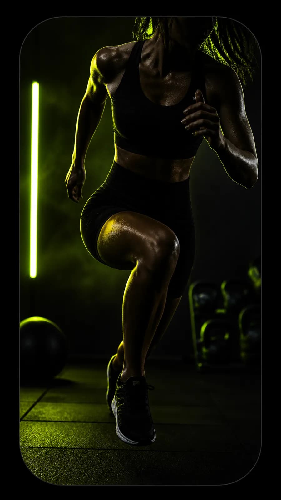 Fictional fitness creator sample visual with lime studio lighting.