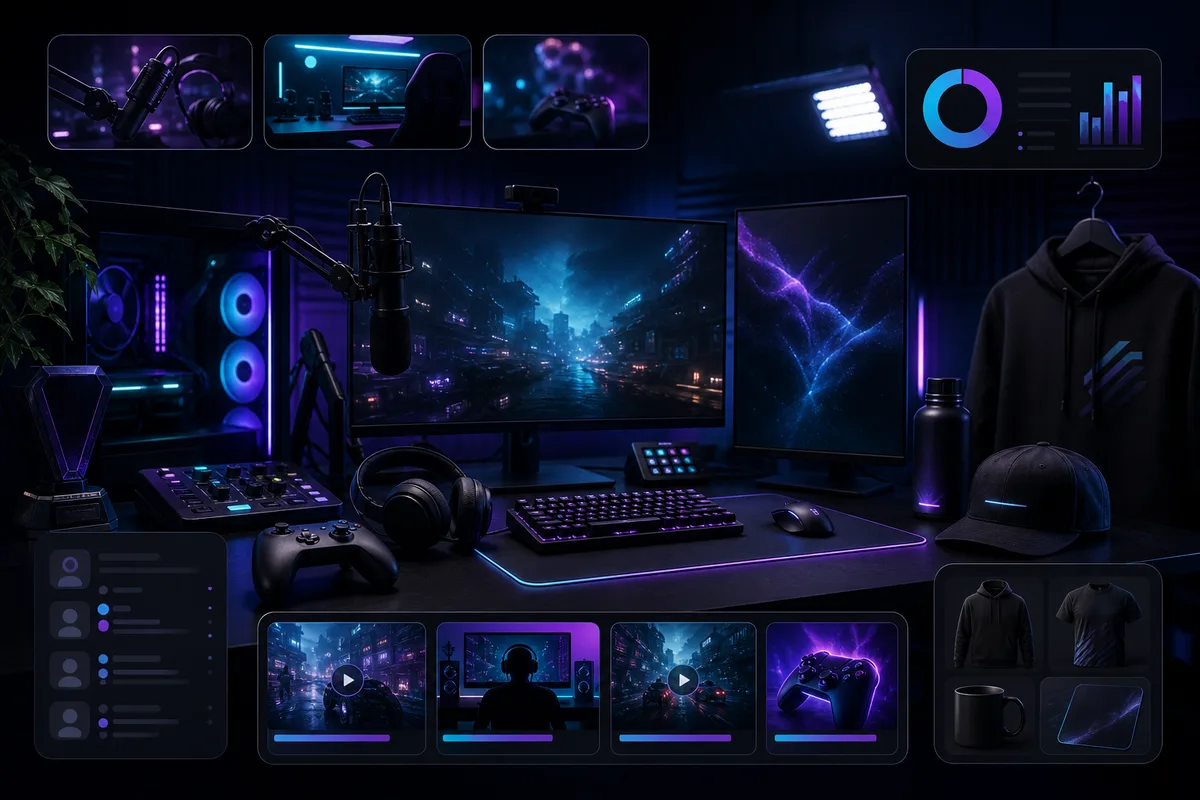 Fictional gaming creator command-centre sample visual with cyan and purple lighting.